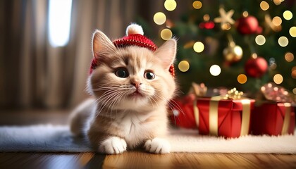 A cute little cat, kitten wearing a santa hat in front of a Christmas tree