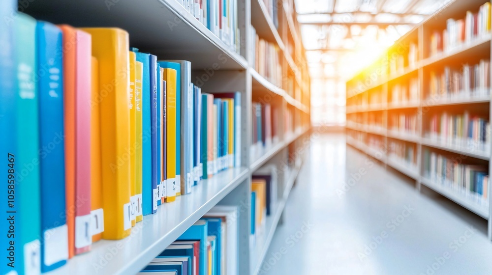 Poster exploring the tranquil aesthetic of a neatly organized library filled with colorful books and natura