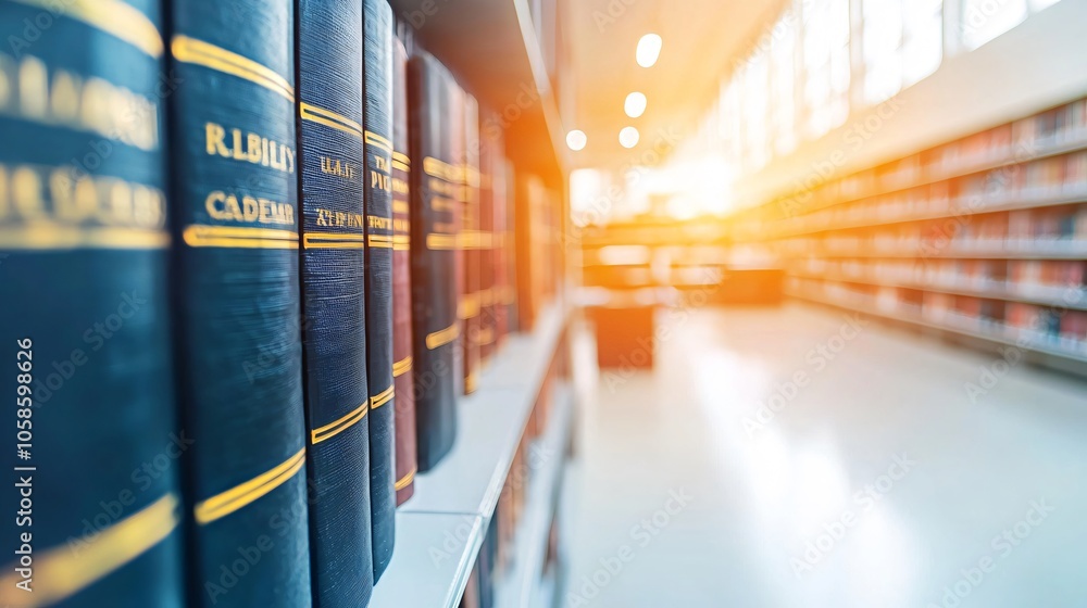 Poster A captivating view of books on a library shelf highlighting their rich textures and the warm glow of natural light filtering through the windows