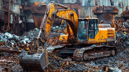 Fototapeta premium Yellow Excavator Working in a Scrap Metal Yard
