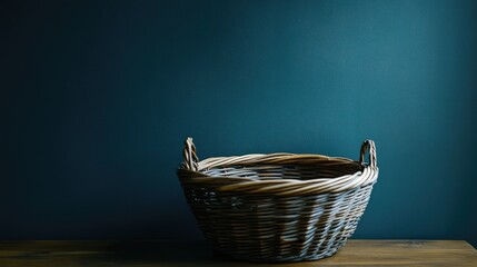 Fototapeta premium Wicker basket in dark blue hues generates a soothing and harmonious atmosphere, making it an ideal element for interior design themes. Perfect for inspiration with copy space.