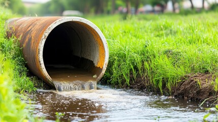Rusty Pipe Discharging Waste Water into Ditch