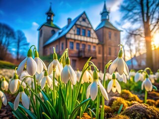 Obraz premium Snowdrop Frame Architectural Photography Watercolor Background