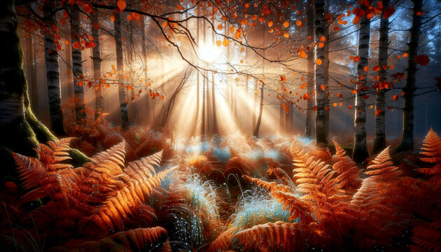 Die Sonne scheint fr&uuml;h am Morgen durch den Eichenwald auf die orangenen Farne im Vordergrund. Bezaubernede Herbstscenerie.