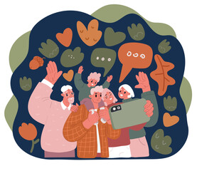 Cartoon vector illustration of a multi-generational family happily posing for a photo together, showcasing the love and bonds shared among grandparents, parents, and their grandchild over dark backgro