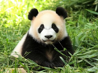 Obraz premium A playful panda cub enjoying lush greenery in a vibrant forest habitat