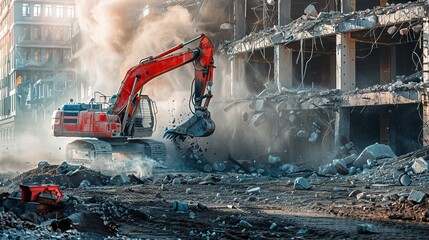 Demolition Excavator Crushing Building in Urban Renewal Project