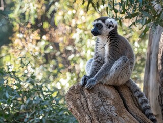 A curious lemur perched on a rock under the sun, surrounded by lush greenery in the afternoon