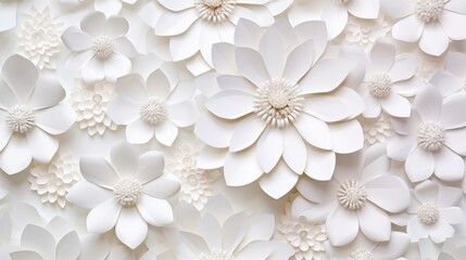 White paper flower wall with intricate floral patterns, elegant background for wedding invitations, greeting card templates, and romantic event decor



