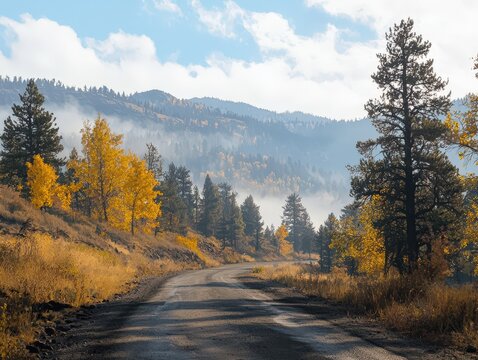 Colorful autumn road through misty mountains under a bright sky