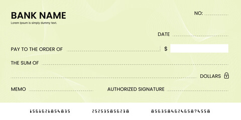 Blank bank check, checkbook cheque template or money payment paper voucher, vector mockup. Business or personal account cash pay cheque certificate or paycheck coupon from checkbook