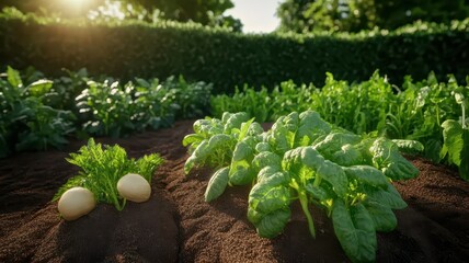 Thriving allotment garden with rich mulch and fertilizer, surrounded by lush greenery and vibrant plants.