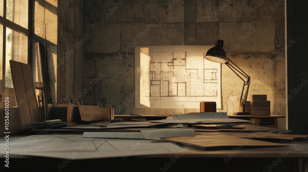 Poster architects workspace with mining light casting a glow over blueprints and design tools, set on a con