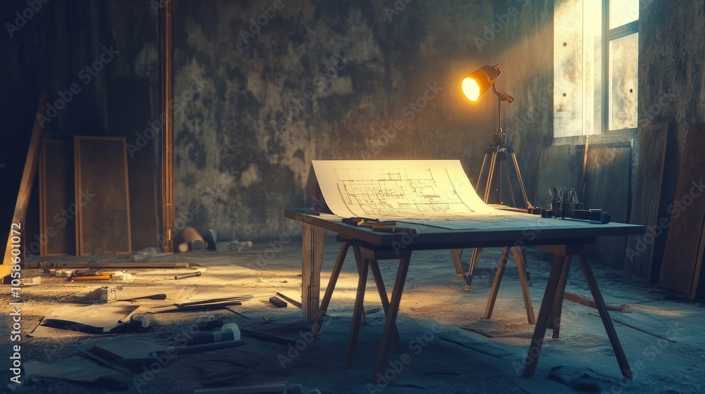 Poster architects workspace with mining light casting a glow over blueprints and design tools, set on a con