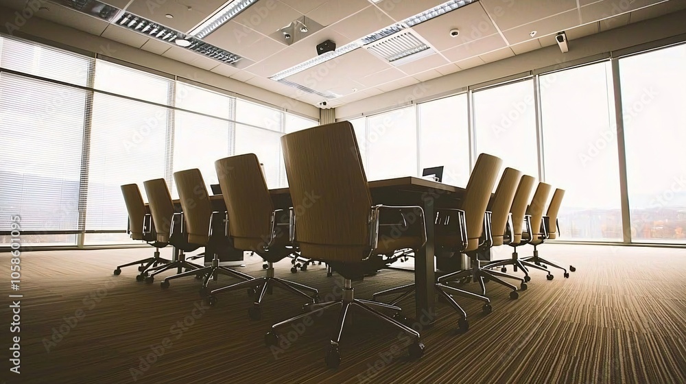 Poster a modern conference room perfect for productive meetings with expansive views and ergonomic seating 