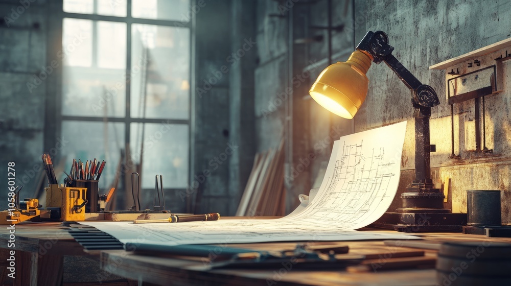 Poster architectural desk on a construction site with mining light illuminating blueprints and tools, set i