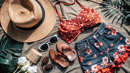 A stylish summer outfit featuring a polka dot bikini top, floral shorts, sunglasses, and a wide-brimmed hat on a soft fabric background.