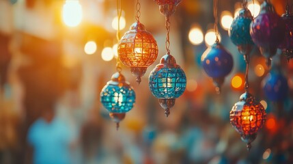 Colorful Moroccan Lanterns Hanging in a Market