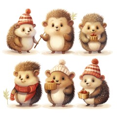 Festive hedgehogs in santa hats celebrating christmas cheerfully