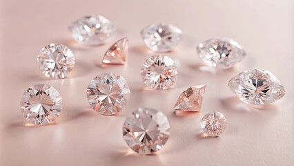 Assorted sparkling diamonds on a soft pink background, showcasing various cuts and sizes, perfect for luxury and jewelry themes.