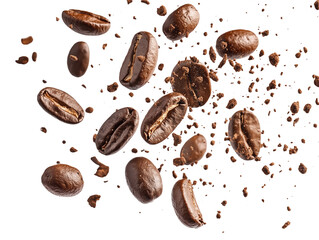 A close up of coffee beans with a lot of crumbs and debris. The beans are scattered all over the image, with some falling from the top and others from the bottom. Scene is chaotic and messy