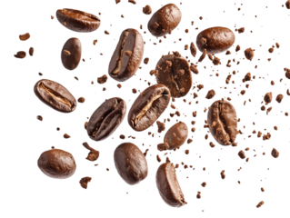 A close up of coffee beans with a lot of crumbs and debris. The beans are scattered all over the image, with some falling from the top and others from the bottom. Scene is chaotic and messy