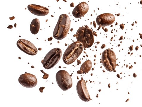 A close up of coffee beans with a lot of crumbs and debris. The beans are scattered all over the image, with some falling from the top and others from the bottom. Scene is chaotic and messy