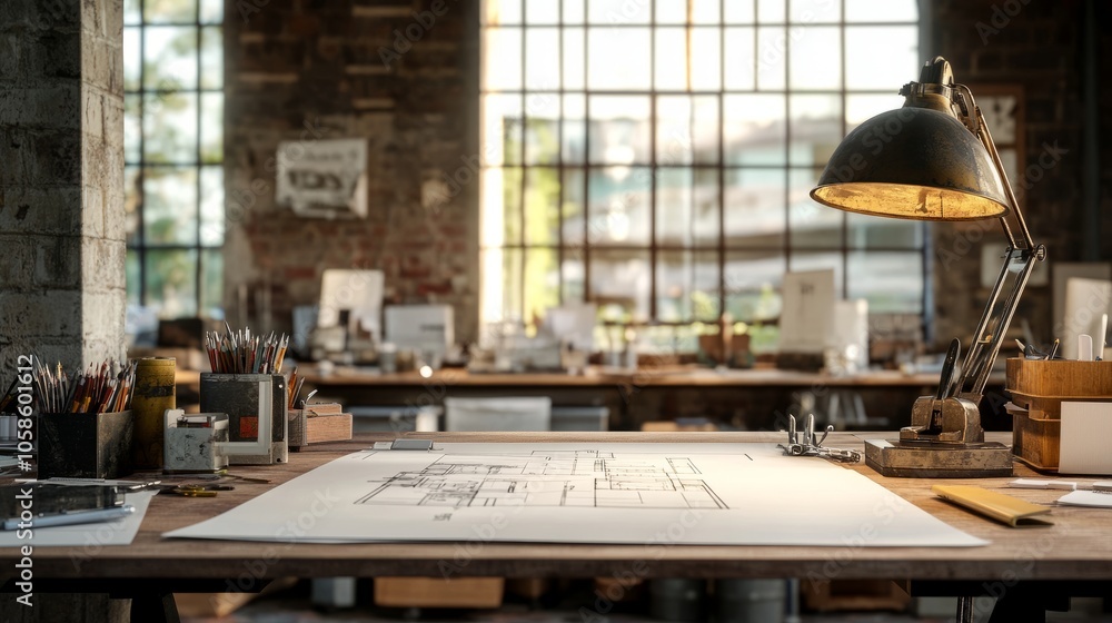Poster architectural desk setup with mining light in a construction setting, showcasing blueprints and draf