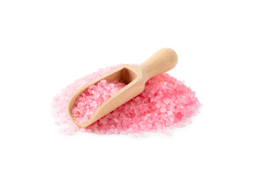 Sea salt for bath with rose aroma isolated on white background. Pink sea salt. Spa treatments. Natural salt with herbs and essential oils. skincare concept.