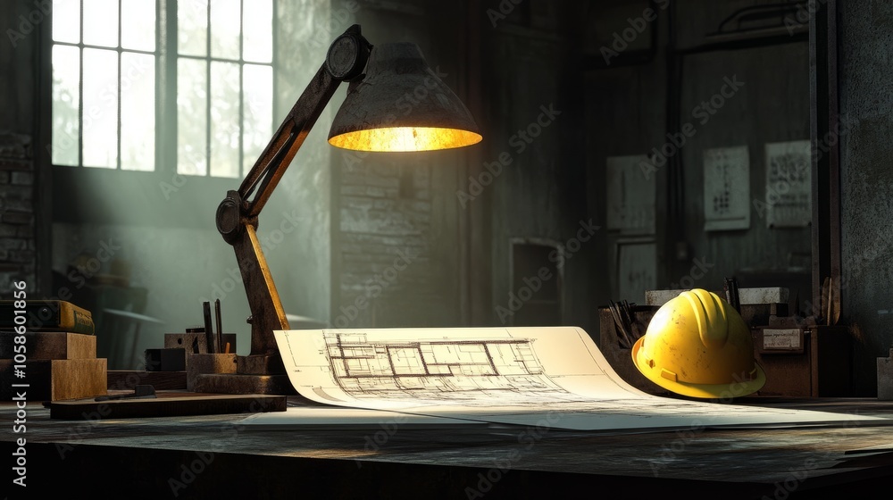 Poster architectural project desk in an industrial setting, with mining light illuminating blueprints and a