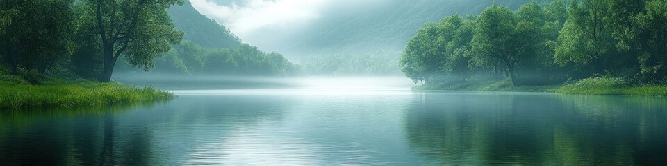 Fototapeta premium Serene landscape with misty water and lush greenery.