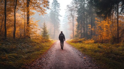 Man Walking on a Path Through an Autumn Forest