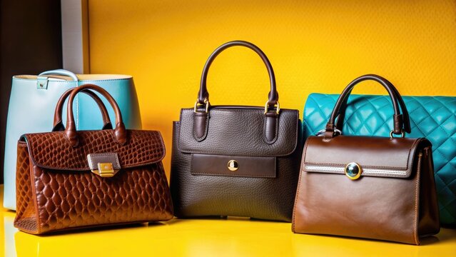 Elegant assortment of stylish handbags on a vibrant yellow background.