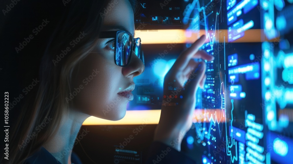 Poster businesswoman touching ai machine learning on virtual screen with big data, computer code