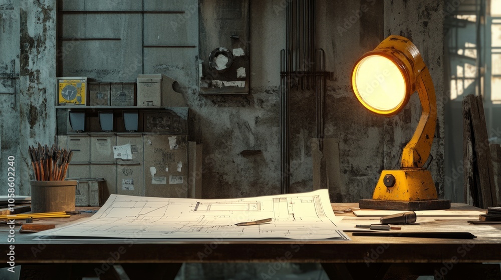 Aufkleber architectural project desk with mining light on a construction site, filled with blueprints and tool