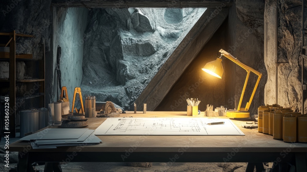 Poster architectural project desk with mining light on a construction site, filled with blueprints and tool