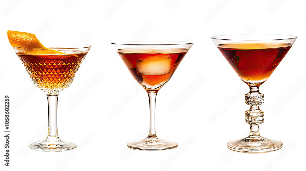 Poster assorted martini cocktail drinks displayed on a transparent background generative ai