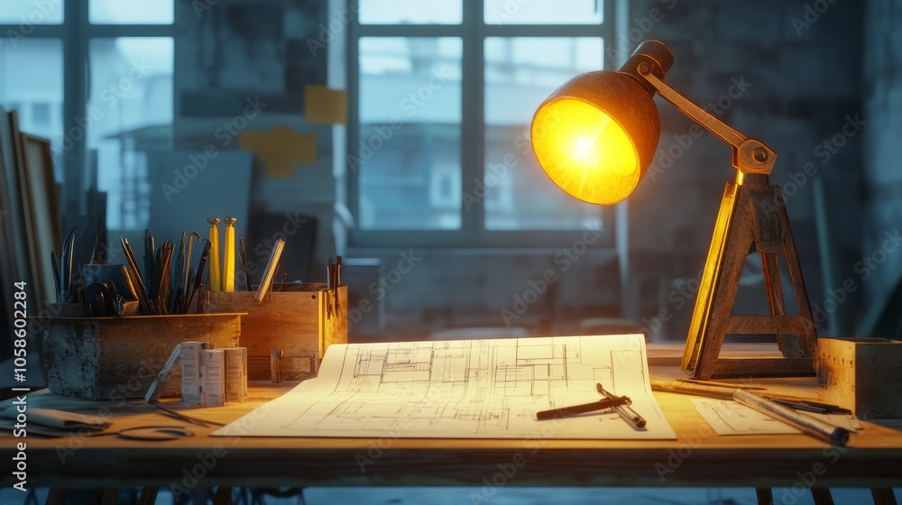 Poster architectural project table with blueprints and tools, lit by a mining light, set on a construction 