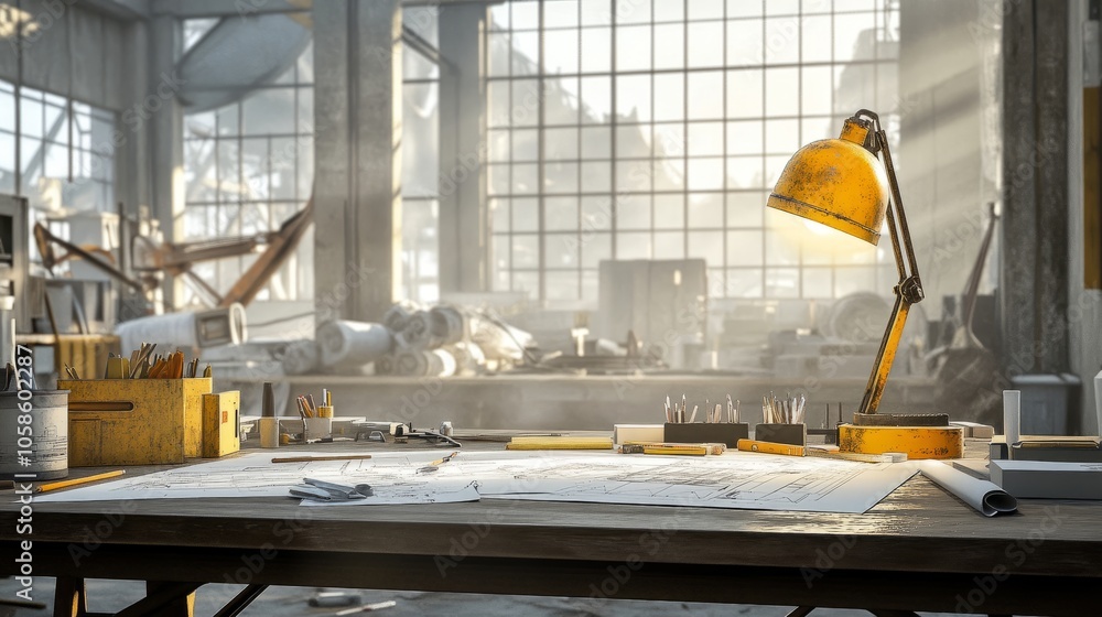 Poster architectural project desk with mining light on a construction site, filled with blueprints and tool