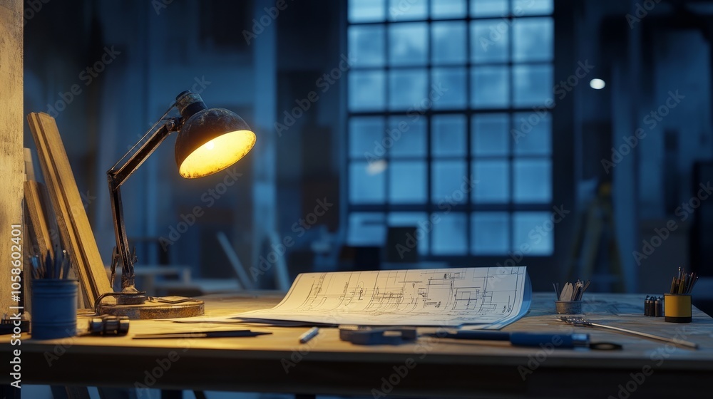 Poster architectural project table with blueprints and tools, lit by a mining light, set on a construction 