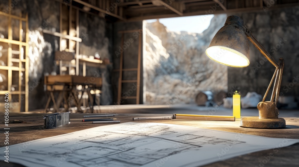 Poster architectural workspace on construction site with mining light and blueprints, capturing the rugged 