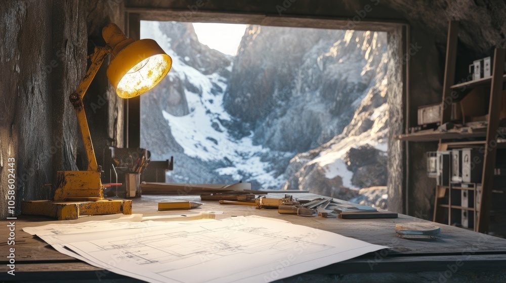 Poster architectural workspace on construction site with mining light and blueprints, capturing the rugged 