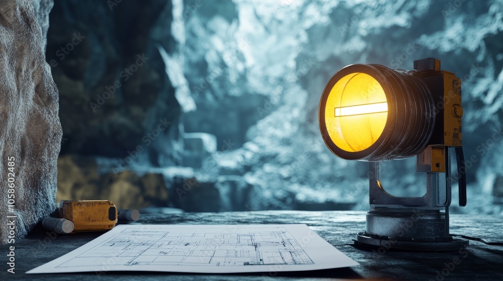 Poster architectural workspace on construction site with mining light and blueprints, capturing the rugged 