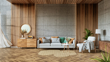 A modern living room interior with a wooden accent wall,