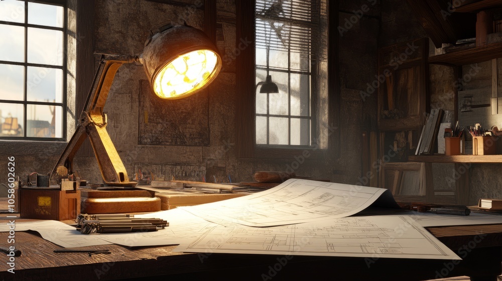 Poster architectural workspace with plans, drafting tools, and a mining light on a construction site, captu