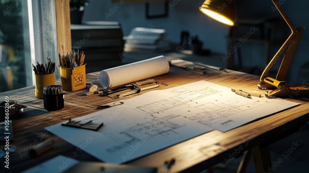 Poster desk in construction site with mining light highlighting blueprints and measuring tools, capturing t