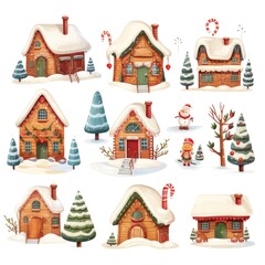 Charming snow-covered gingerbread houses and festive trees in a winter wonderland scene