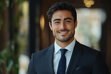 Fototapeta premium Confident Businessman in Blue Suit and White Shirt Smiling in Office