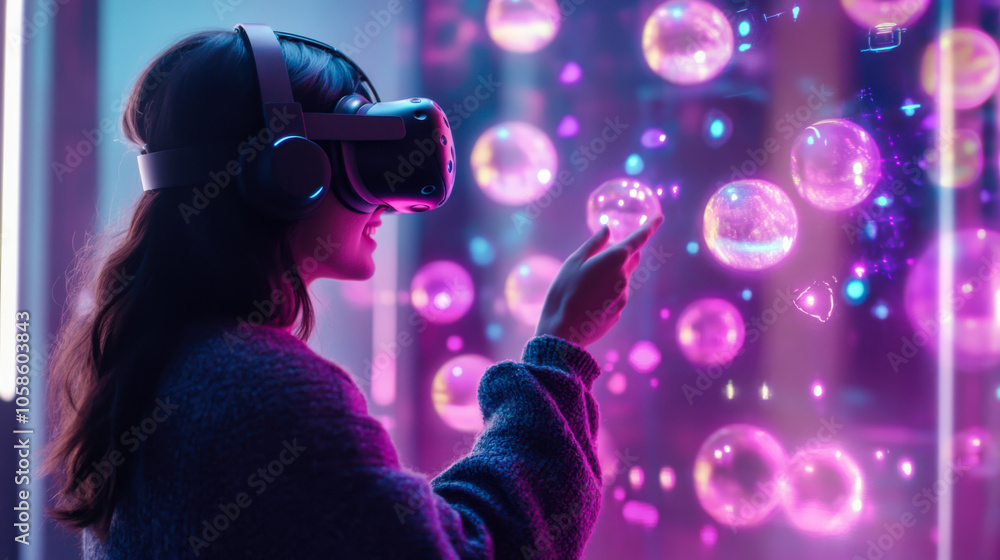 Poster a person experiences virtual reality with interactive bubbles in a colorful environment during an im