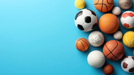 Collection of various sports balls on a bright blue background, including soccer, basketball, tennis, and volleyballs, arranged in an overlapping pattern.